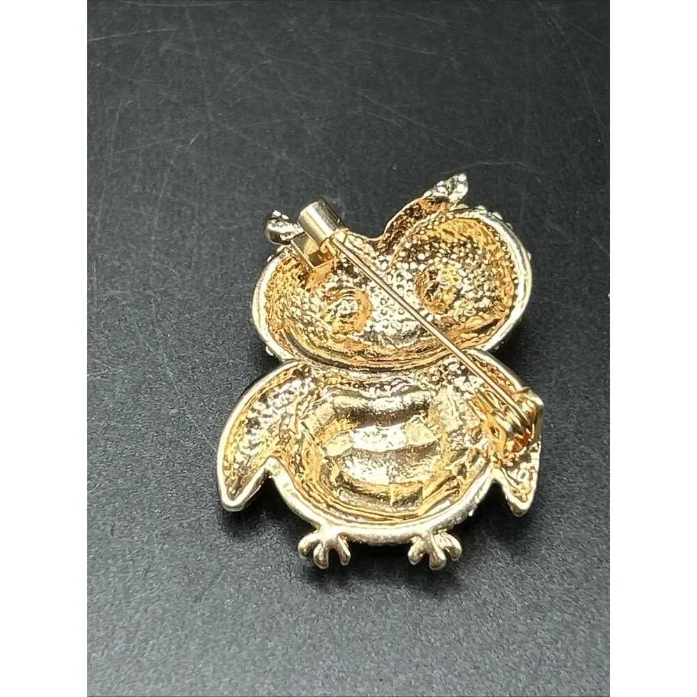 Modern Owl Bird Pin Brooch Gold tone 1 1/2” Pave Rhinestone And Enamel